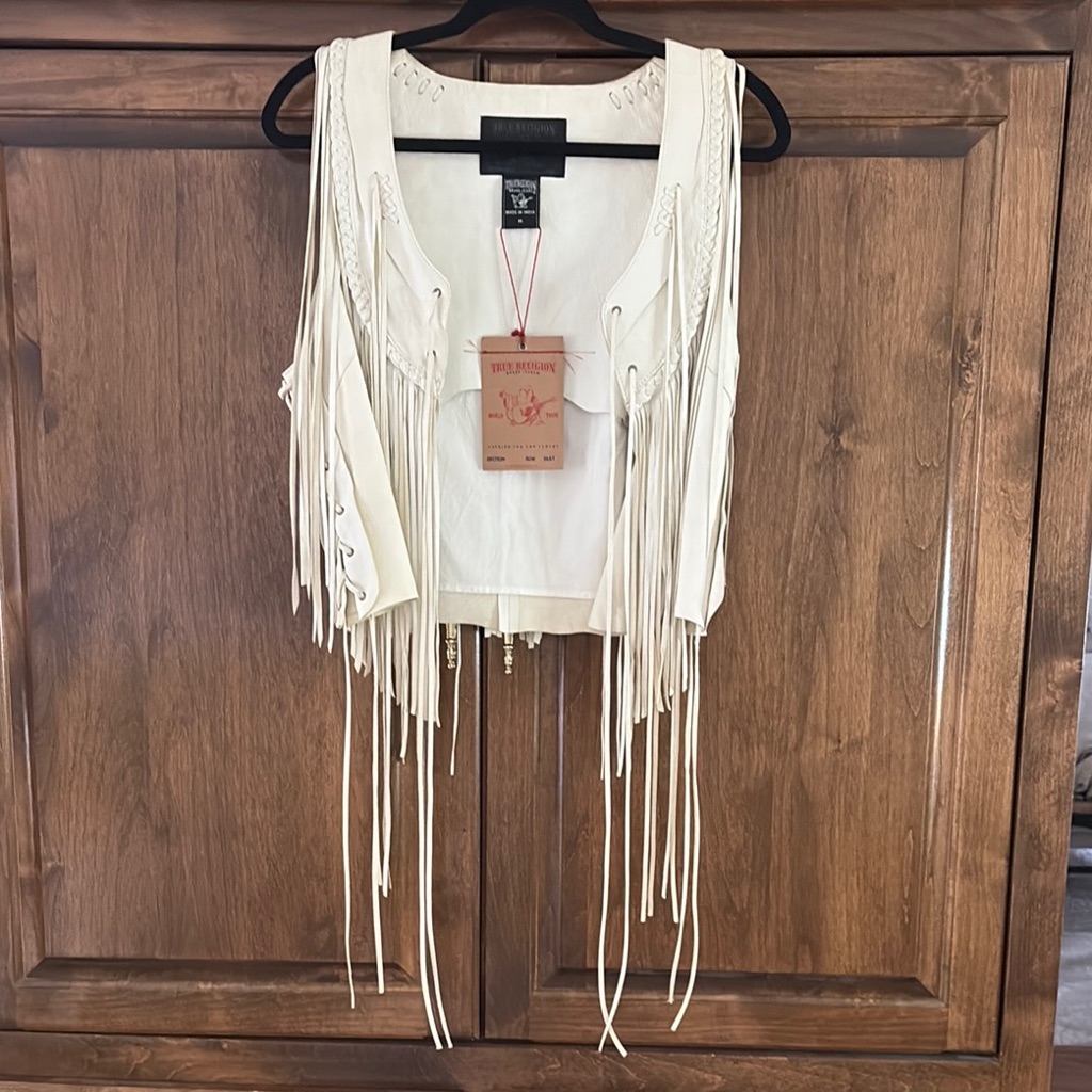 New True Religion Off White Fringe Leather Vest M $436